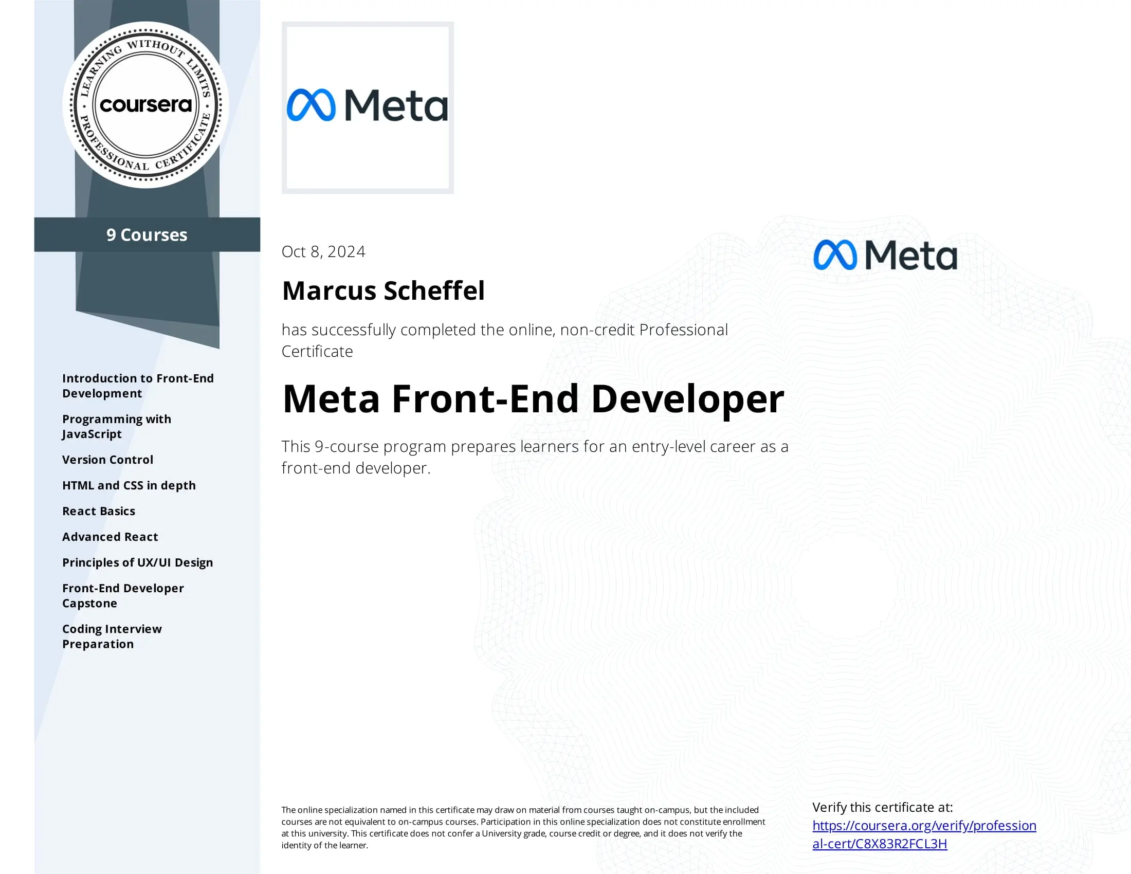 Meta Front-End Developer Certificate